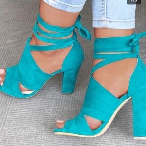 Turqupise Lace Up Block Heels